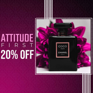 Coco Noir Chanel perfume bottle with pink flowers and a 20% off promotion.