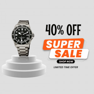 Tudor Black Bay watch on a pedestal with a 40% off sale promotion.