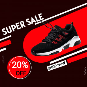 Black and red running shoes on sale with a 20% discount.