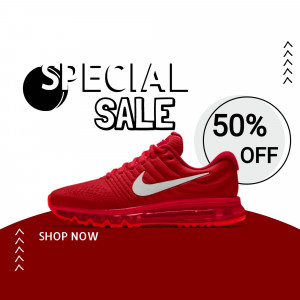 Red Nike sneakers on sale with a 50% discount offer.