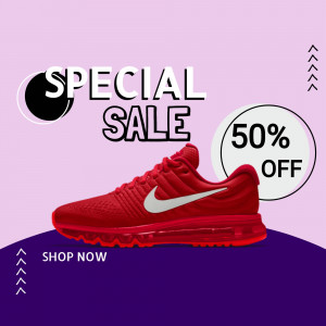 Red Nike sneakers on sale with a 50% discount.