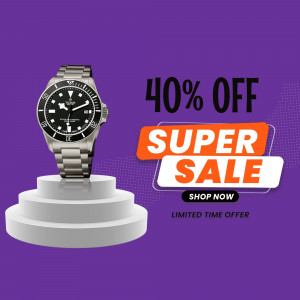 Silver and black wristwatch on a pedestal with a 40% off sale banner.
