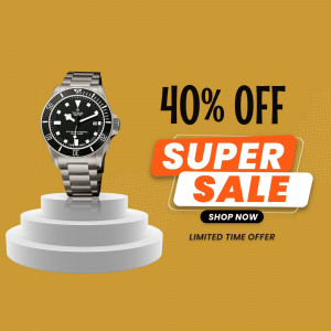 Silver and black wristwatch on a pedestal with a 40% off sale banner.