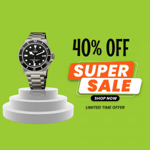 Tudor Black Bay watch on display with a 40% off sale promotion.
