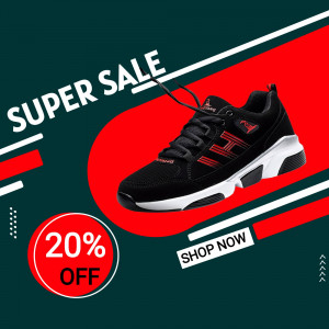 Black and red running shoes on sale with a 20% discount.