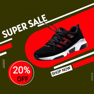 Black and red running shoes on sale with a 20% discount offer.