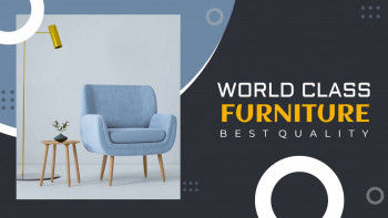 A stylish blue armchair in a minimalist living room setting with the text 'World Class Furniture - Best Quality'.