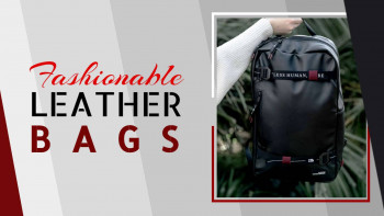 Black leather backpack with red accents, promotional image