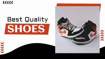 Pair of black and red high-top sneakers on a white background with promotional text.