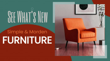Image of an orange armchair in a modern living room setting with text overlay 'See What's New - Simple & Modern Furniture'