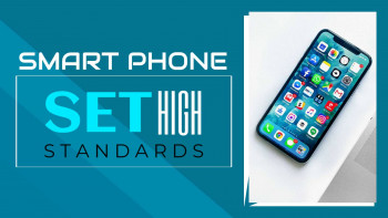 Close-up of a smartphone displaying colorful app icons, with text 'SMART PHONE SET HIGH STANDARDS'