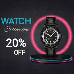 Mido watch advertisement with a 20% discount offer