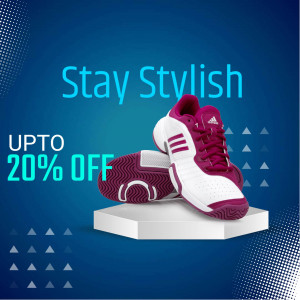 Adidas tennis shoes on a white pedestal with a sale promotion.