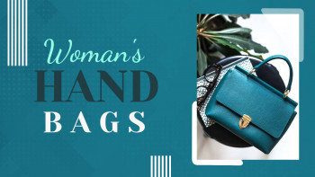 Image of a teal handbag with a floral background and text 'Woman's Handbags'