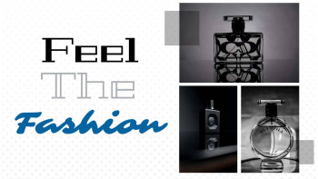 Collage of perfume bottles and text 'Feel The Fashion'