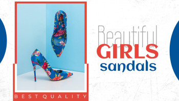 A vibrant image showcasing a pair of floral-patterned blue high heel sandals.