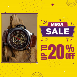 Brown leather strap watch with skeleton dial on a wood surface with a 'Mega Sale' banner.