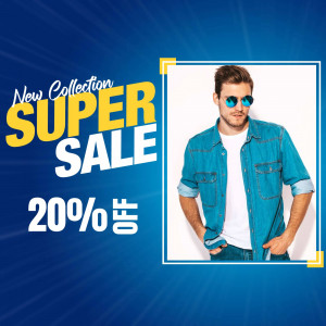 Man wearing sunglasses and denim shirt advertising a 20% off sale