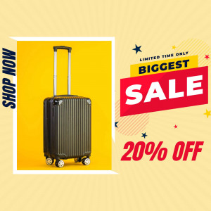 Black rolling suitcase with a sale promotion banner