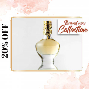 Elegant perfume bottle with a gold accent and promotional offer