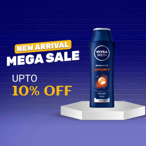 Nivea Men Sport Shampoo bottle on a white pedestal with a sale banner.