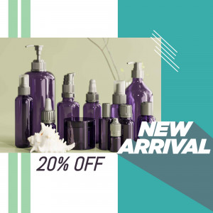 Assortment of purple cosmetic bottles and containers with a 'New Arrival' and '20% Off' promotion.