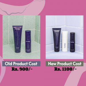 Side-by-side comparison of old and new cosmetic product packaging with price details.