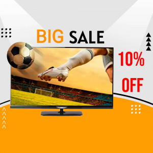 TV displaying a soccer game with a 'Big Sale' promotion