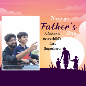 Father and son looking at something with a Father's Day themed background.