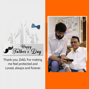 Father's Day greeting with a father and son looking at a phone and a graphic of a family.