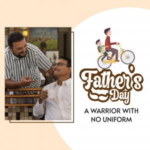 Father's Day greeting with a father and son on a bicycle and a man enjoying coffee.