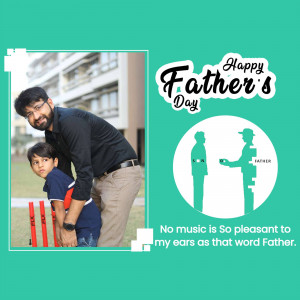 A father and son playing cricket with a Father's Day graphic.