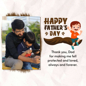 A heartwarming Father's Day image featuring a father and son playing on a mobile phone with a cartoon illustration.