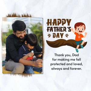 A heartwarming image celebrating Father's Day with a father and son playing on a phone and a cartoon illustration.