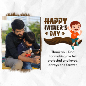 A heartwarming Father's Day image featuring a father and son playing on a mobile phone with a cartoon illustration.