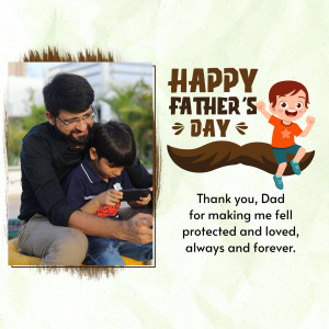 A heartwarming Father's Day image featuring a father and son playing on a phone with a cartoon illustration.