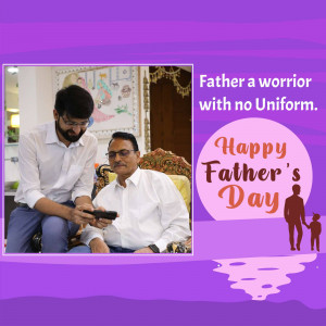 A heartwarming image celebrating Father's Day with a father and son looking at a phone, and a decorative background.