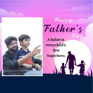 Father and son looking at something with a Father's Day message and superhero silhouette.