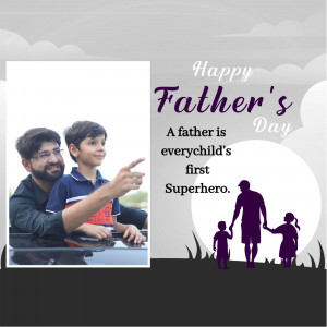 Father and son in a car with a Father's Day message and silhouette of a father with children.