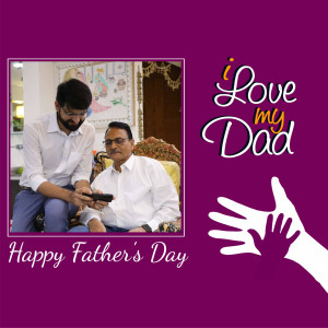 A Father's Day graphic featuring a father and son looking at a phone, with text 'I Love My Dad' and handprints.
