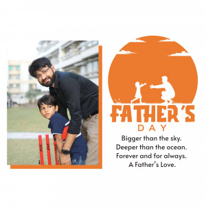 Father and son playing cricket with a Father's Day themed background.