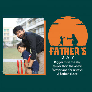 Father and son playing cricket with a Father's Day themed background.