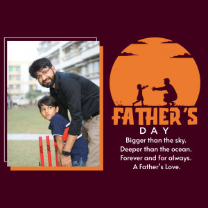 Father and son playing cricket with a Father's Day themed background.