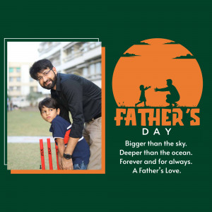 Father and son playing cricket with a Father's Day themed background.