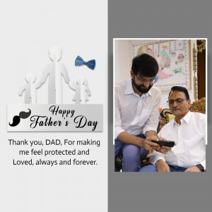 Father's Day greeting with a father and son looking at a phone, and a graphic of a family.