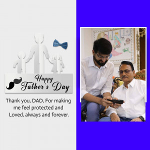 A heartwarming image celebrating Father's Day with a father and son looking at a phone, alongside a graphic of a father and children.