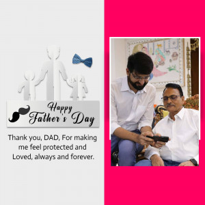 Father's Day greeting with a father and son looking at a phone, and a graphic of a family.