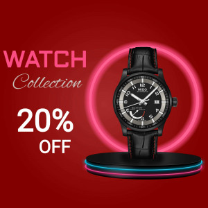 Mido watch on display with a 20% off promotion
