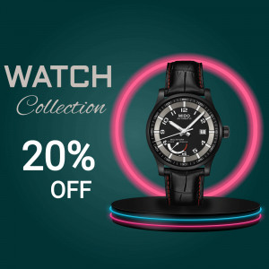 Mido watch on display with a 20% off promotion