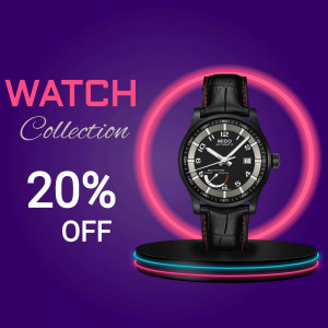 Mido watch on a pedestal with a 20% off promotion